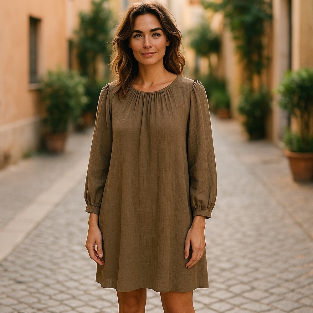 209wst38 Olive Green Long Sleeve Dress 100% Cotton Size Small